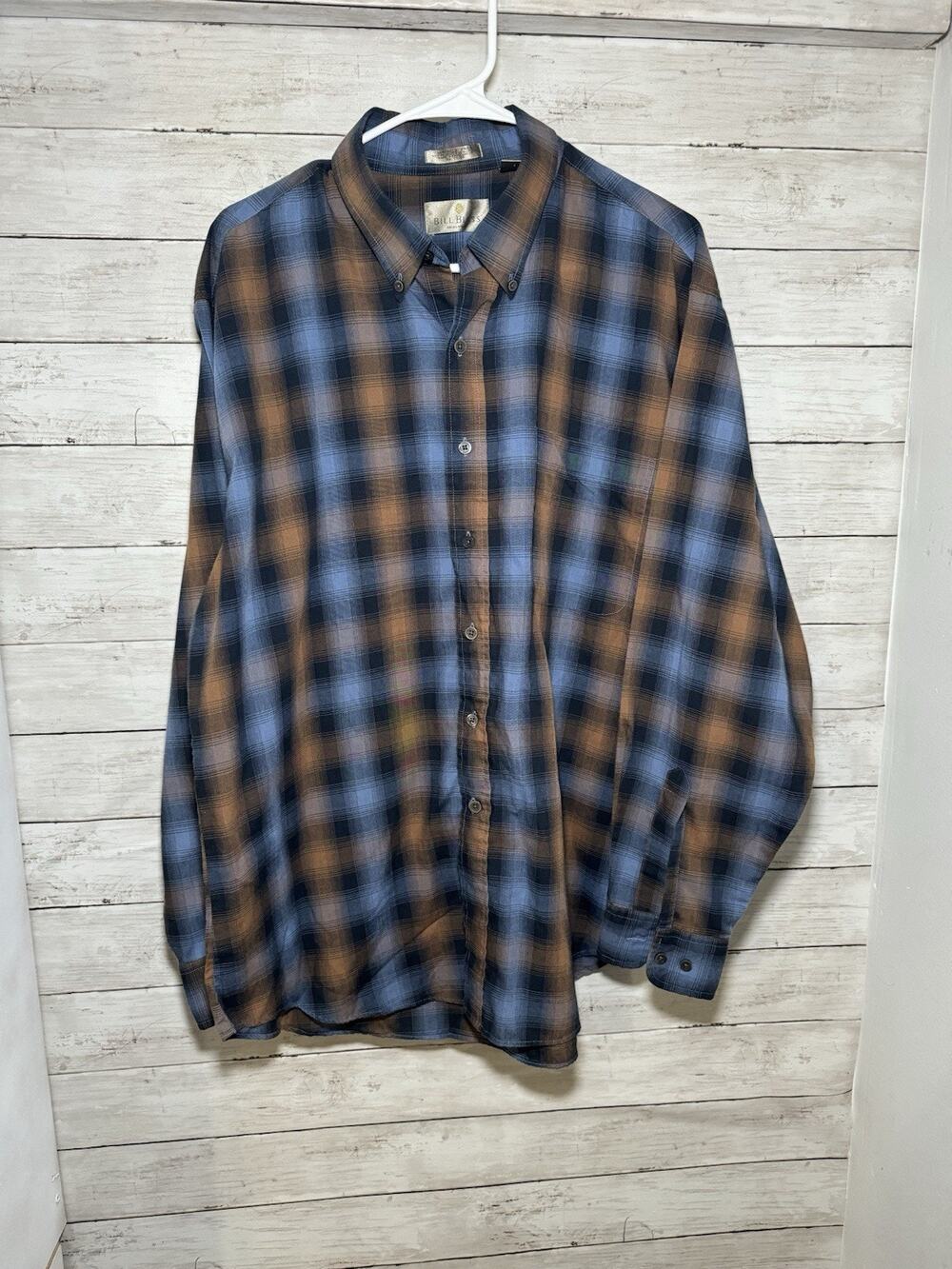 Bill Blass Men's Long Sleeve Blue Brown Plaid Long Sleeve Button Up Size XL EUC